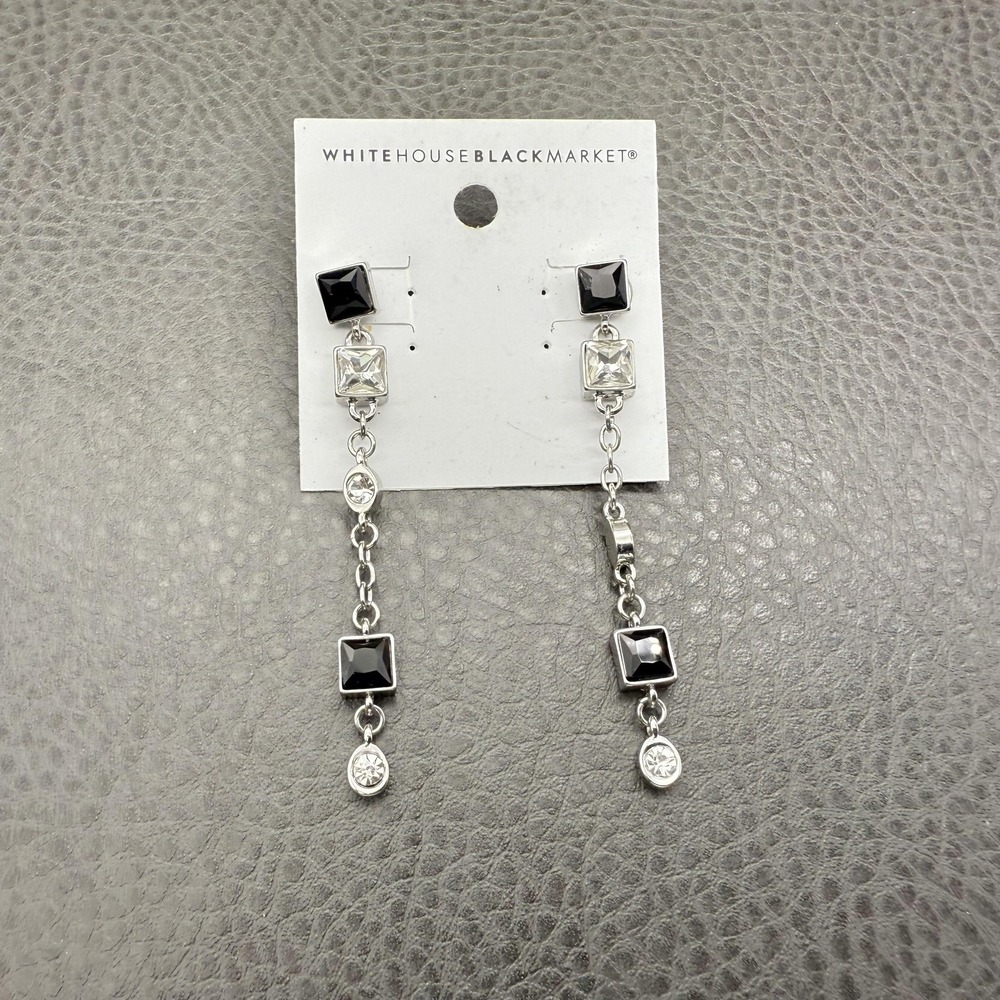 White House Black Market Earrings Silver Black Clear Crystal Pierced 3" Womens